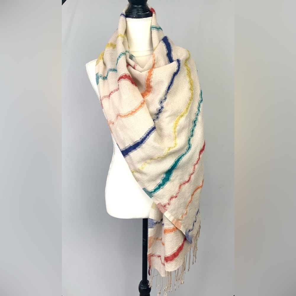 Cream Multicolor Striped Fringe Wrap Scarf